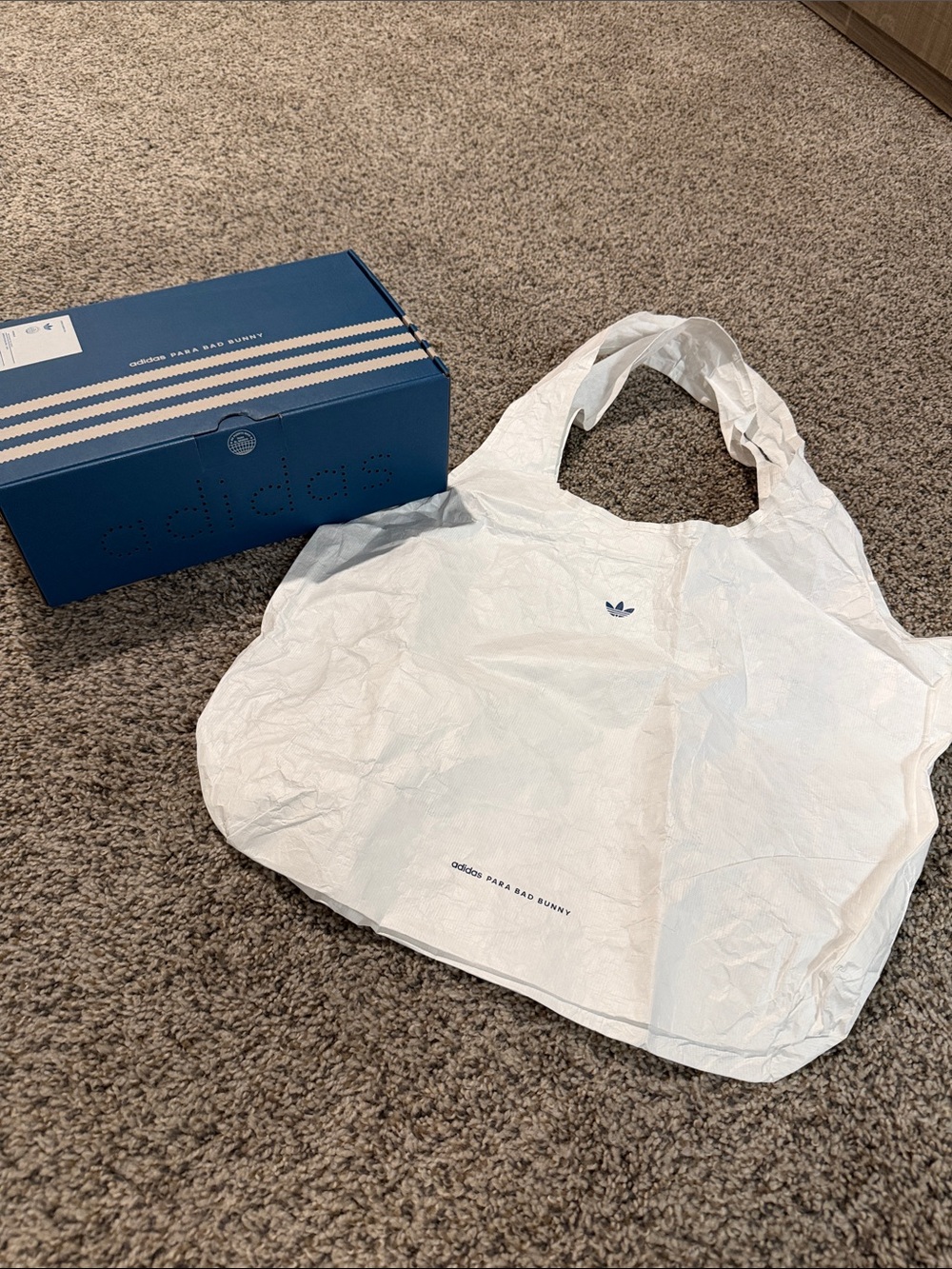 Bad Bunny adidas White Foldable Tote Bag with Navy Trefoil and adidas shoe box